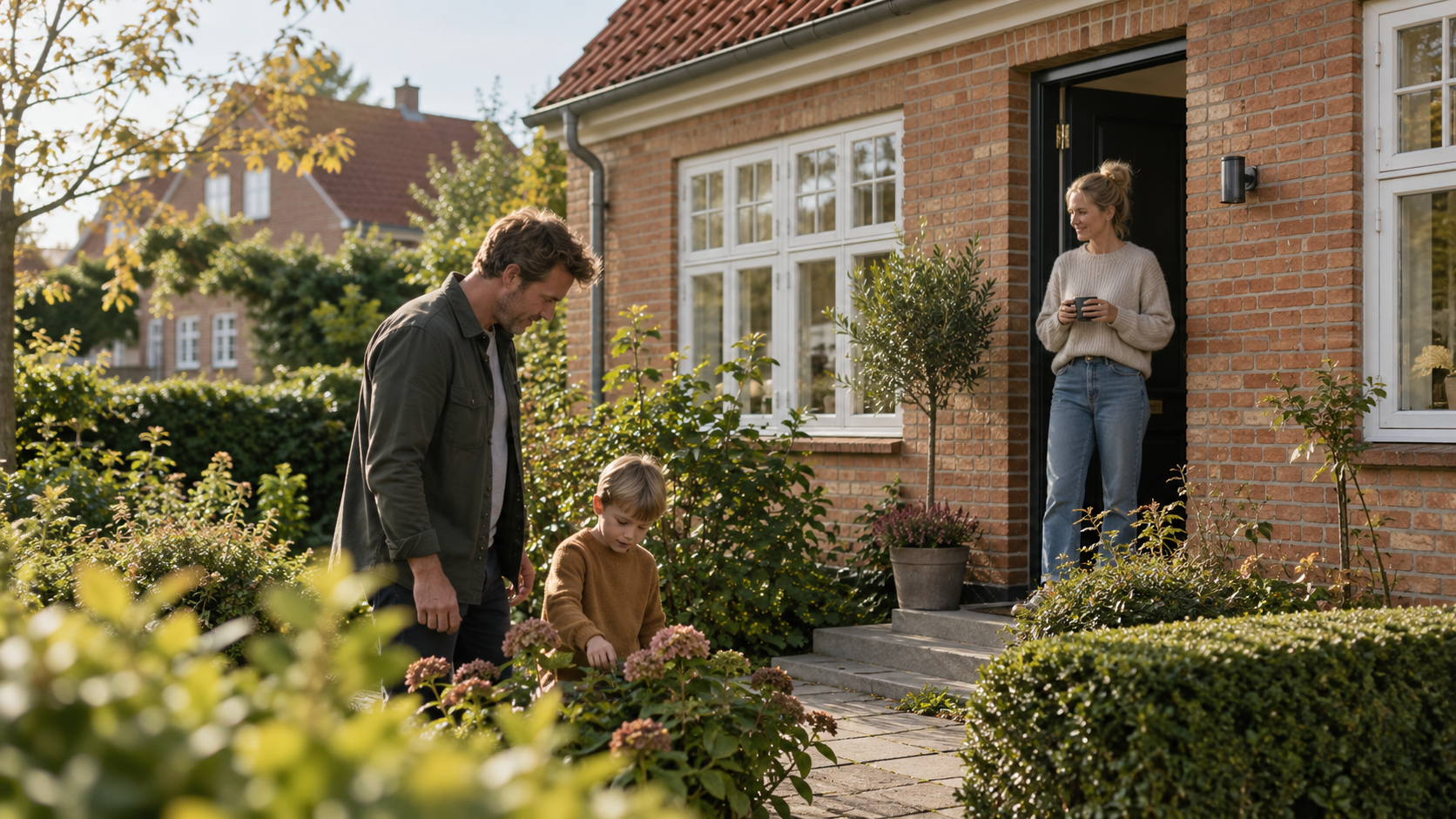 Familie i haven foran dansk murermestervilla